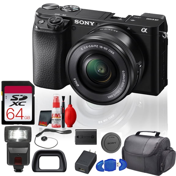 Sony Alpha a6100 Mirrorless Camera with 16-50mm Lens Beginner Bundle + Flash, Bag and 64GB Card (International Model)