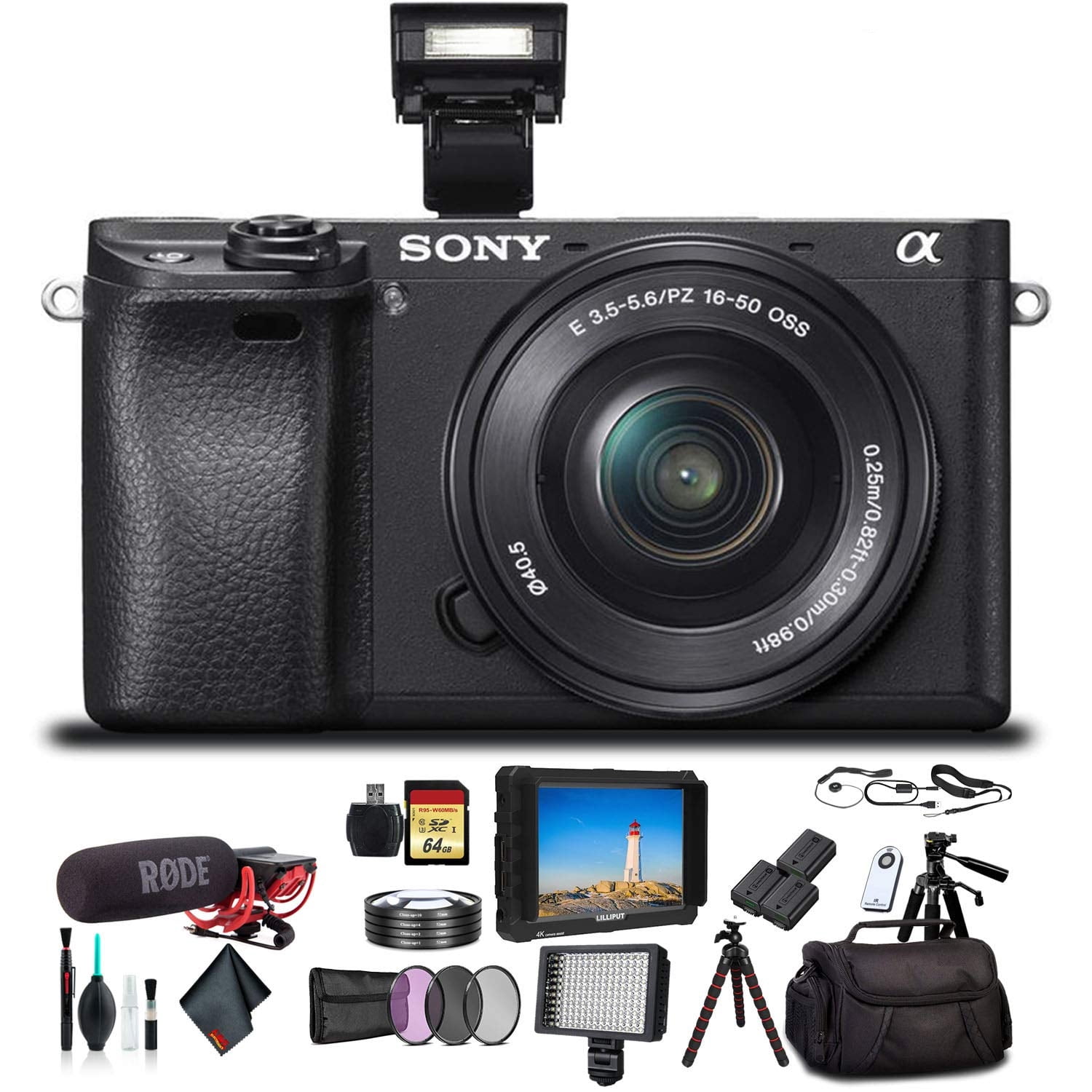 Sony ZV-E10 Mirrorless Camera with 16-50mm Lens 64GB Extreem Speed  Memory,Video Microphone, LED Video Light, Case. Tripod, Filters, Hood,  Grip, 