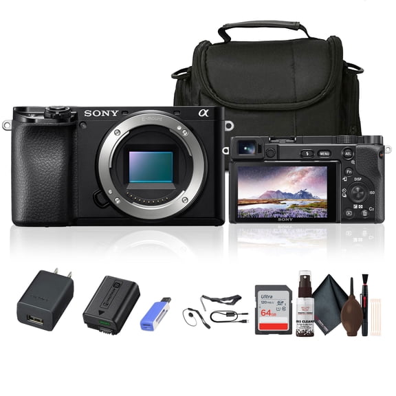 Sony Alpha a6300 Mirrorless Camera Black (ILCE6300/B) with Soft Bag, 64GB Memory Card, Card Reader, Plus Essential Accessories