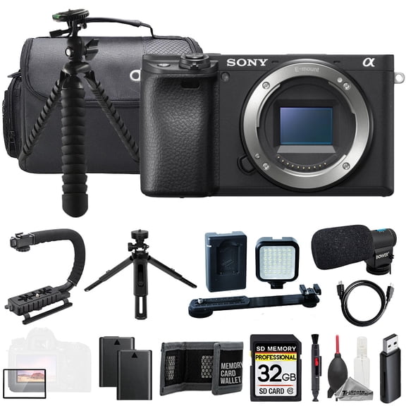 Sony Alpha a6400 (Body) + Mic + 32GB + Extra Battery+ LED Flash- ULTIMATE Kit (International Version)