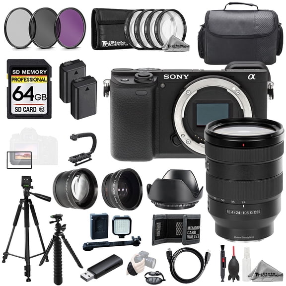 Sony Alpha a6400 + FE 24-105mm f/4 G OSS Lens+64GB+Ext Bat+9 PC Filter-MEGA Kit (International Version)