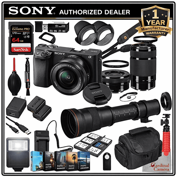 Sony Alpha a6400 Mirrorless Camera with 16-50mm and 55-210mm Lenses Bundle + Extreme Speed 64GB Memory + T-Mount 420-800mm Telephoto Zoom Lens (33 Items)