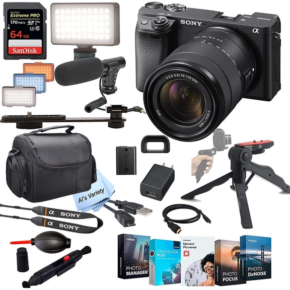 Sony Alpha a6400 Mirrorless Digital Camera with 18-135mm Lens+ Shot-Gun Microphone + LED Always on Light+ 64GB Extreme Speed Card, Gripod, Case, and More 26pc Video Bundle (International Version)