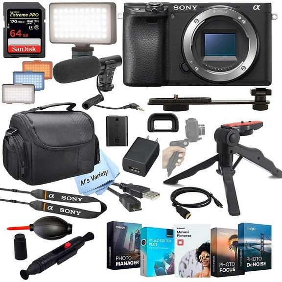 Sony Alpha a6400 Mirrorless Digital Camera BodyNo Lens+ Shot-Gun Microphone + LED Always on Light+ 64GB Extreme Speed Card, Gripod, Case, and More 26pc Video Bundle
