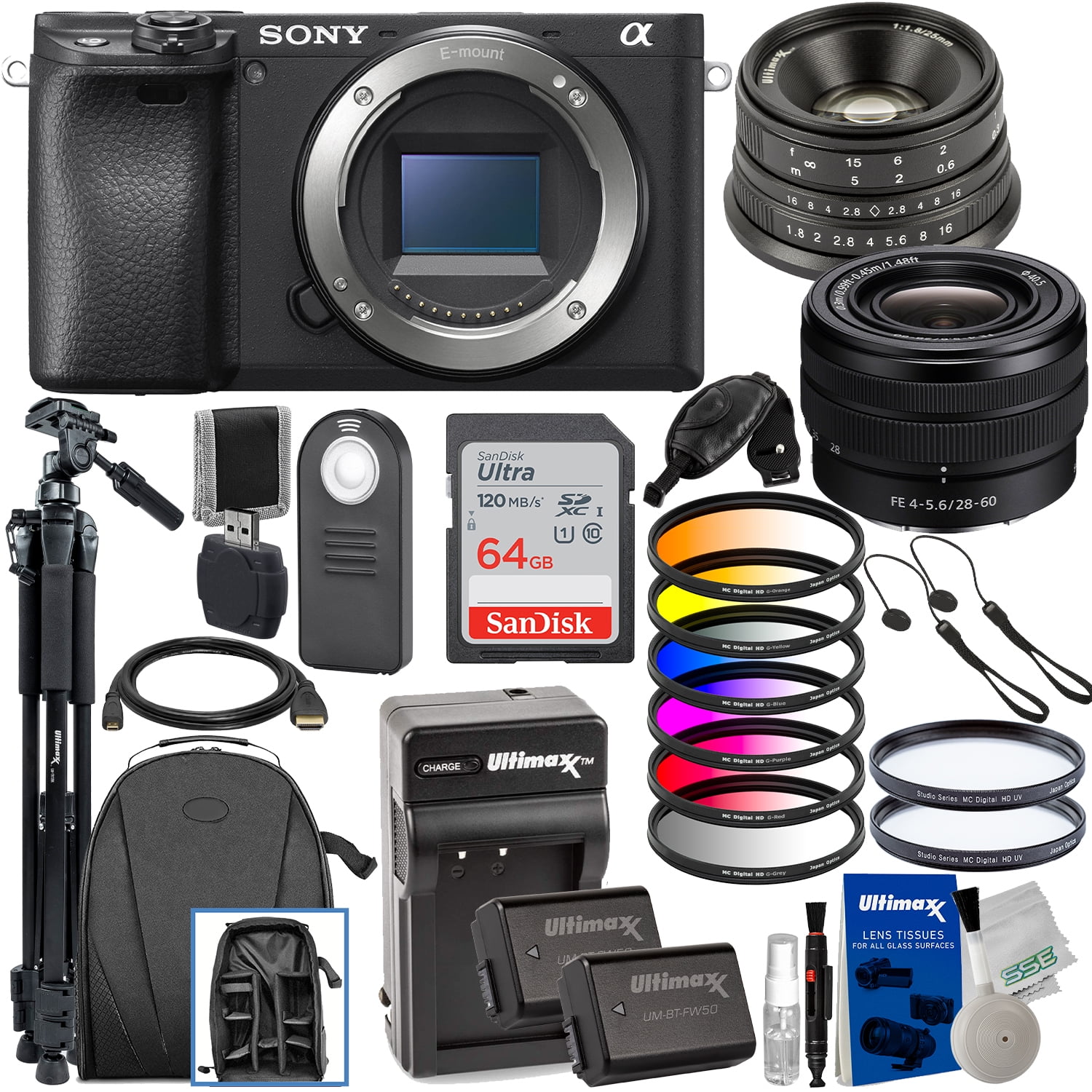 Sony Alpha a6400 Mirrorless Digital Camera with Sony FE 28-60mm f/4-5.6 Lens & Ultimaxx 25mm f/1.8 Manual Lens + Deluxe Accessory Bundle: SanDisk 64GB Ultra SDXC, Lightweight 72” Tripod & Much More