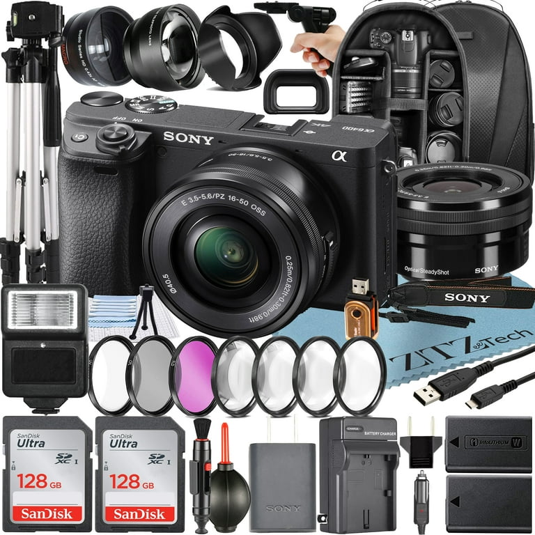 Sony Alpha a6400 Mirrorless Digital Camera with 16-50mm Lens + 2 Pack  SanDisk 128GB Card + Backpack + ZeeTech Accessory Bundle