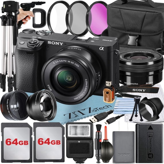 Sony Alpha a6400 Mirrorless Digital Camera with 16-50mm Lens + 2 Pack 64GB Card + Flash + ZeeTech Accessory Bundle (International Version)