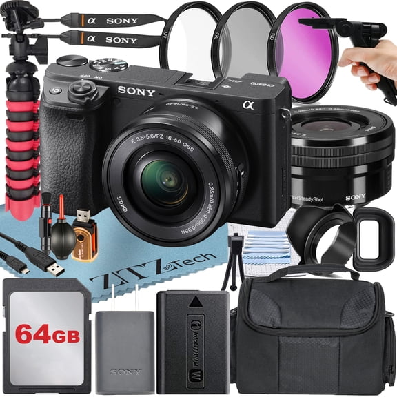 Sony Alpha a6400 Mirrorless Digital Camera with 16-50mm Lens + 64GB Card + Tripod + ZeeTech Accessory Bundle (International Version)