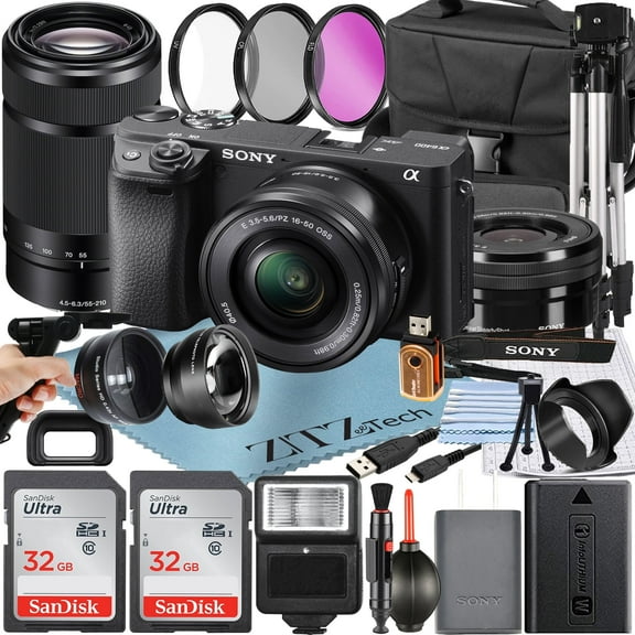 Sony Alpha a6400 Mirrorless Digital Camera with E PZ 16-50mm + E 55-210mm OSS Lens + 2 Pack SanDisk 32GB Card + Flash + ZeeTech Accessory Bundle