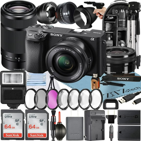 Sony Alpha a6400 Mirrorless Digital Camera with E PZ 16-50mm + E 55-210mm OSS Lens + 2 Pack SanDisk 64GB Card + Backpack + ZeeTech Accessory Bundle