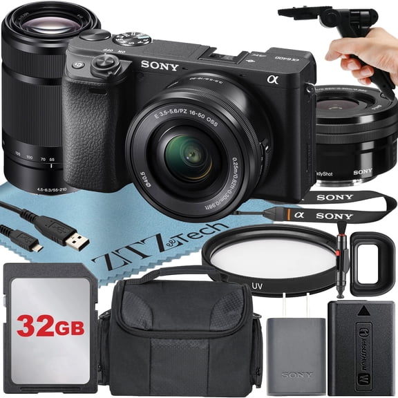 Sony Alpha a6400 Mirrorless Digital Camera with E PZ 16-50mm + E 55-210mm OSS Lens + 32GB Card + Case + ZeeTech Accessory Bundle (International Version)