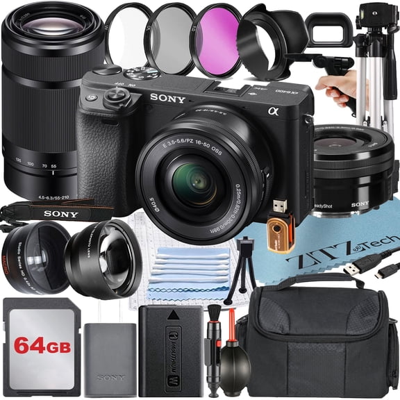 Sony Alpha a6400 Mirrorless Digital Camera with E PZ 16-50mm + E 55-210mm OSS Lens + 64GB Card + Telephoto + ZeeTech Accessory Bundle (International Version)
