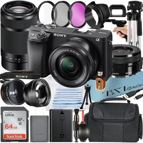 Sony Alpha a6400 Mirrorless Digital Camera with E PZ 16-50mm + E 55-210mm OSS Lens + SanDisk 64GB Card + Telephoto + ZeeTech Accessory Bundle (International Version)