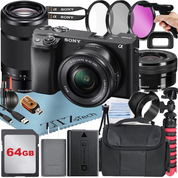 Sony Alpha a6400 Mirrorless Digital Camera with E PZ 16-50mm + E 55-210mm OSS Lens + 64GB Card + Tripod + ZeeTech Accessory Bundle (International Version)