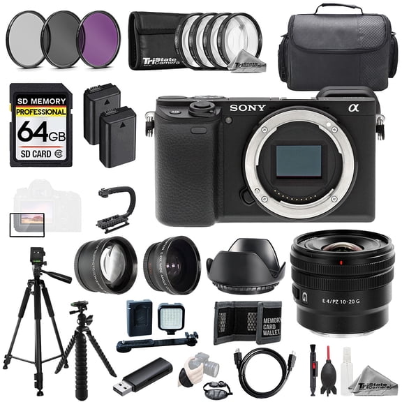 Sony Alpha a6400 + Sony E 10-20mm f/4 PZ G Lens+64GB+Ext Bat+9 PC Filter-MEGA Kit (International Version)