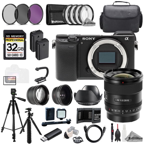 Sony Alpha a6400 + Sony FE 20mm f/1.8 G Lens +32GB+Ext Bat+9 PC Filtr-MEGA Kit (International Version)