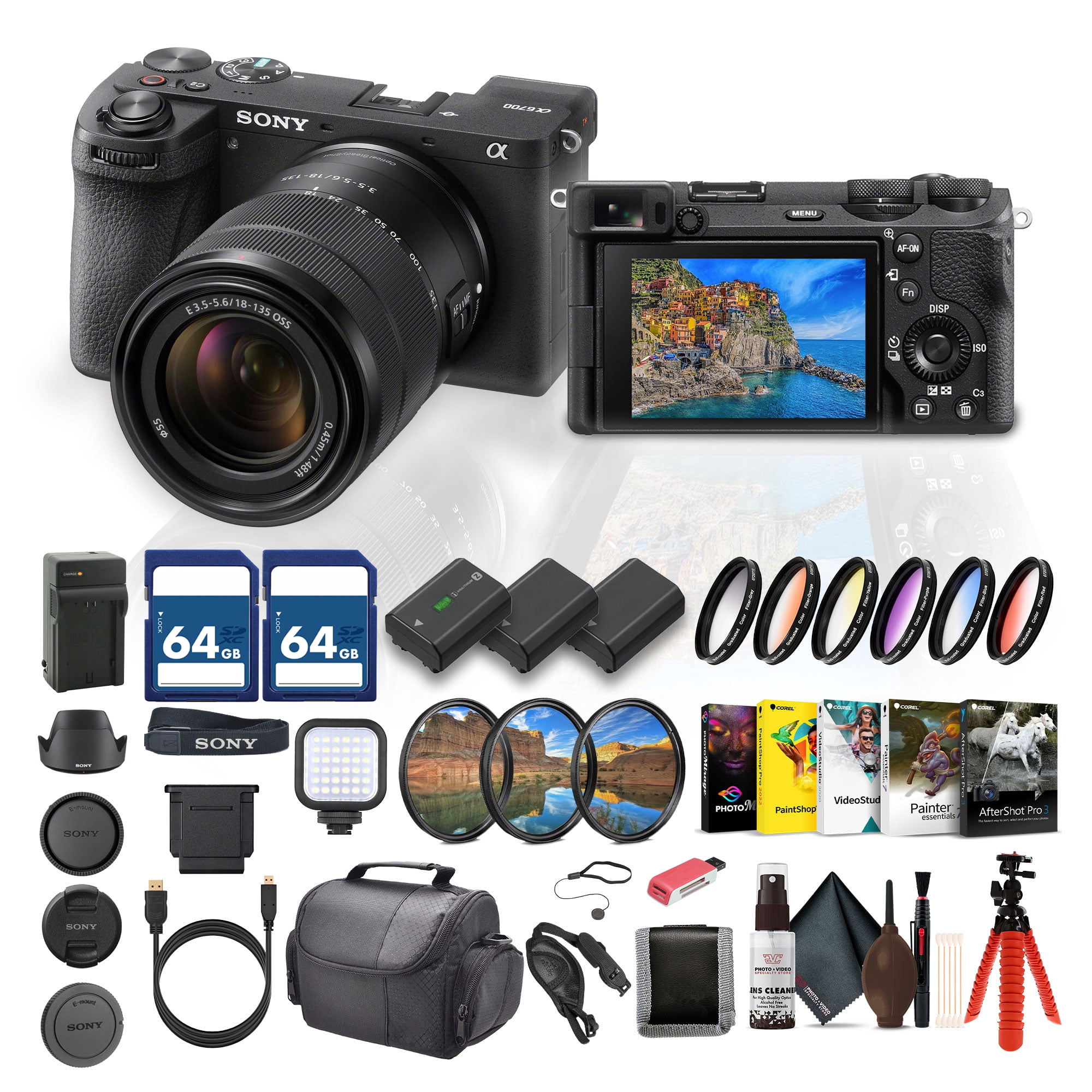 Sony Alpha a6700 Mirrorless Camera Kit with 18–135mm Zoom Lens (ILCE-6700M/B) – 26MP APS-C Sensor | AI Autofocus + 2 x 64GB Card + Filter Kit + 2 x NP-FZ100 Compatible Battery + More