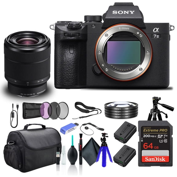 Sony Alpha a7 III Mirrorless Camera with 28-70mm Lens ILCE7M3K/B with Soft Bag, Tripod, Additional Battery, 64GB Memory Card, Card Reader, Plus Accessories