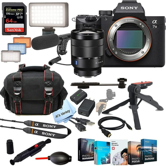 Sony Alpha a7 III Mirrorless Digital Camera with 24-70mm Lens+ Shot-Gun Microphone + LED Always on Light+ 64GB Extreme Speed Card, Gripod, Case, and More 26pc Video Bundle