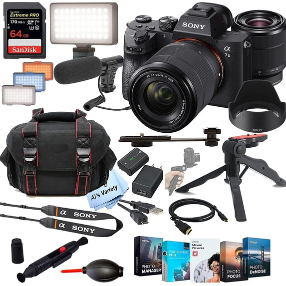 Sony Alpha a7 III Mirrorless Digital Camera with 28-70mm Lens+ Shot-Gun Microphone + LED Always on Light+ 64GB Extreme Speed Card, Gripod, Case, and More 26pc Video Bundle (International Version)
