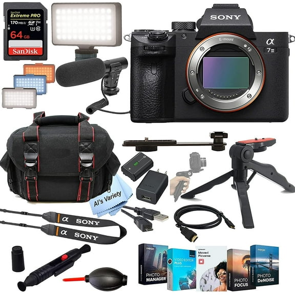 Sony Alpha a7 III Mirrorless Digital CameraNo Lens+ Shot-Gun Microphone + LED Always on Light+ 64GB Extreme Speed Card, Gripod, Case, and More 26pc Video Bundle