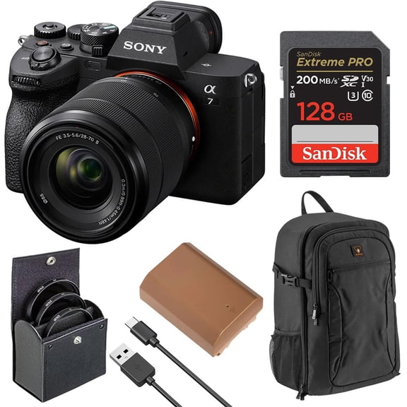 Sony Alpha a7 IV 4K Ultra HD Mirrorless Camera with FE 28-70mm f/3.5-5.6 OSS II Lens, Black, Bundle with Extreme PRO 128GB Memory Card, Backpack, Extra Battery and 55mm Essentials Filter Kit
