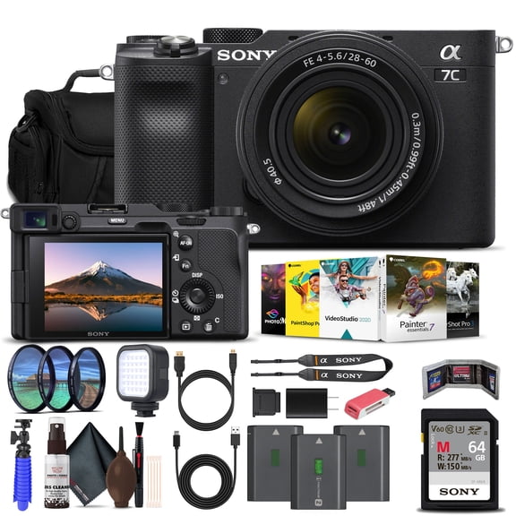 Sony Alpha a7C Mirrorless Digital Camera with 28-60mm Lens (Black) (ILCE7CL/B) w/ 64GB Memory Card, 2 x NP-FZ-100 Battery, Photo Editing Software, Case, External Charger, Card Reader and More