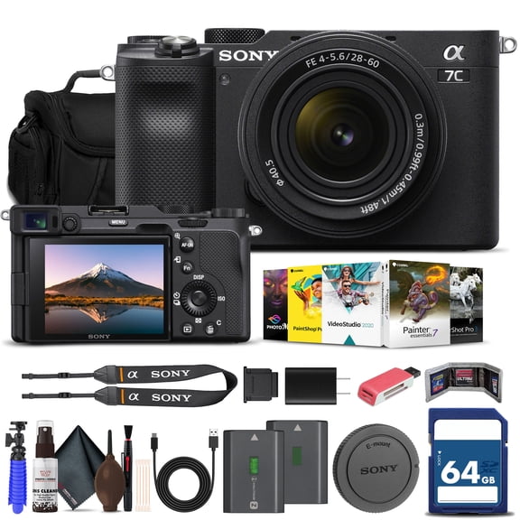 Sony Alpha a7C Mirrorless Digital Camera with 28-60mm Lens (Black) (ILCE7CL/B) w/ 64GB Memory Card, NP-FZ-100 Battery, Photo Editing Software, Case, External Charger, Card Reader and More