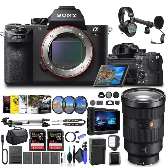 Sony Alpha a7R II Mirrorless Digital Camera Body Only ILCE7RM2/B, Sony FE 24-70mm Lens, 4K Monitor, Pro Headphones, Pro Mic, 2 x 64GB Memory Card, Corel Photo Software, Pro Tripod, and More