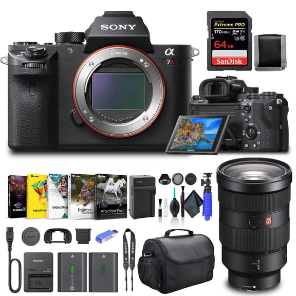Sony Alpha a7R II Mirrorless Digital Camera Body Only ILCE7RM2/B, Sony FE 24-70mm Lens, 64GB Memory Card, Corel Photo Software, Case, External Charger, NPF-W50 Battery, Card Reader, and More