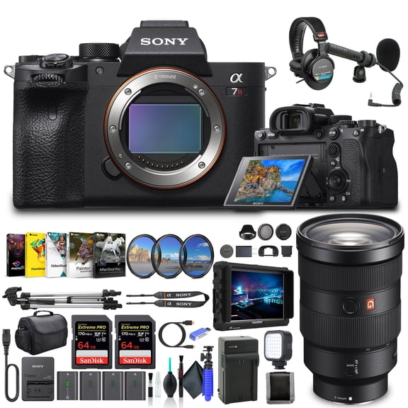 Sony Alpha a7R IV Mirrorless Digital Camera Body Only ILCE7RM4/B, Sony FE 24-70mm Lens, 4K Monitor, Pro Headphones, Pro Mic, 2 x 64GB Memory Card, 3 x NP-FZ-100 Battery, and More