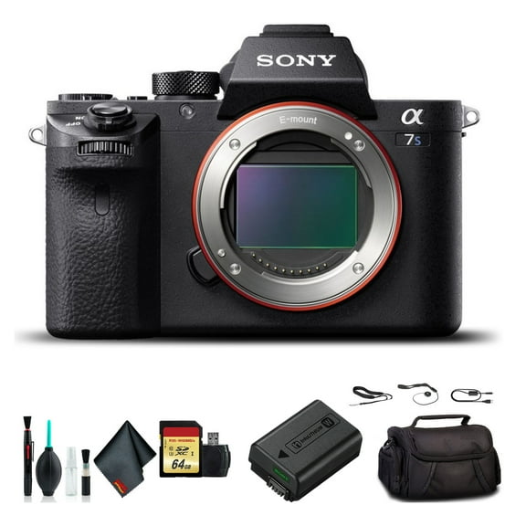 Sony Alpha a7S II Full-Frame Mirrorless Video Camera (ILCE7SM2/B) Low-Light Bundle with Soft Bag, Extra Battery, 64GB Card, Charger and Cleaning Kit (International Model)