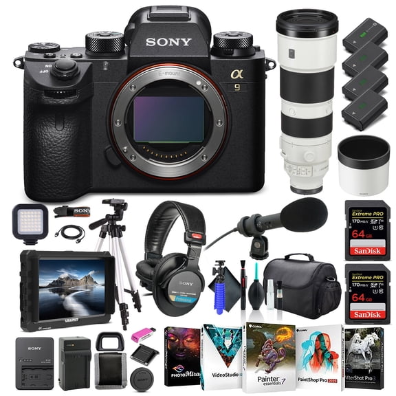 Sony Alpha a9 II Mirrorless Digital Camera Body Only ILCE9M2/B, Sony FE 200-600mm Lens, 4K Monitor, Pro Headphones, Pro Mic, 2 x 64GB Memory Card, 3 x NP-FZ-100 Battery, and More