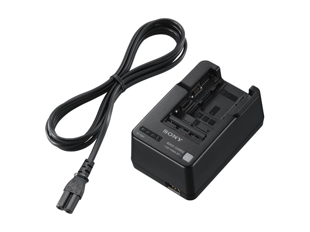 Sony BC-QM1 - Battery charger / power adapter - 1 x batteries charging - 7 A - on cable: Micro-USB - for Cyber-shot DSC-RX10; Handycam FDR-AX53; a NEX 5T, 5TY; a VLOGCAM ZV-E10; a3000; a7; a7R