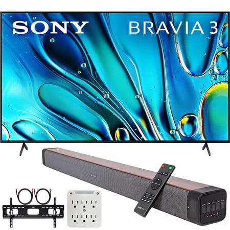 Sony BRAVIA 3 K55S30 55 inch 4K HDR Smart LED TV (2024) Bundle with Premium Deco Gear 60W 2.0 CH Soundbar + Deco Mount 37"-100" TV Wall Mount Bracket with Cleaning Kit + 6-Outlet Surge Adapter
