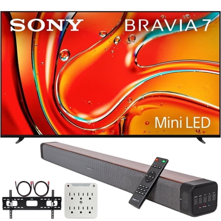 Sony BRAVIA 7 K65XR70 65" 4K HDR Smart QLED Mini-LED TV (2024) Bundle with Premium Deco Gear 60W 2.0 CH Soundbar + Deco Mount 37"-100" TV Wall Mount Bracket with Cleaning Kit + 6-Outlet Surge Adapter