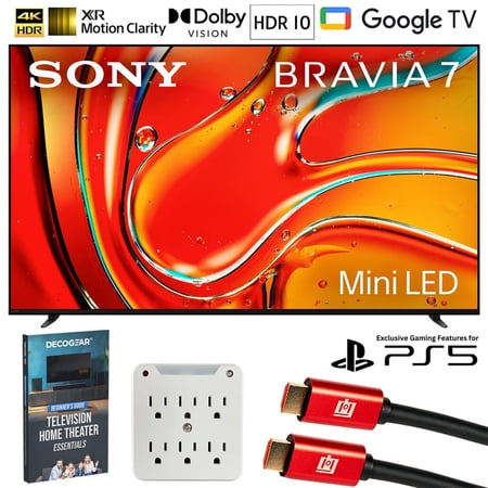 Sony BRAVIA 7 K75XR70 75 inch 4K HDR Smart QLED Mini-LED TV (2024) Bundle with 2x Deco Gear 6FT HDMI Cable, SurgePro 6-Outlet Surge Adapter and Deco Gear Home Theater Beginner's Guide