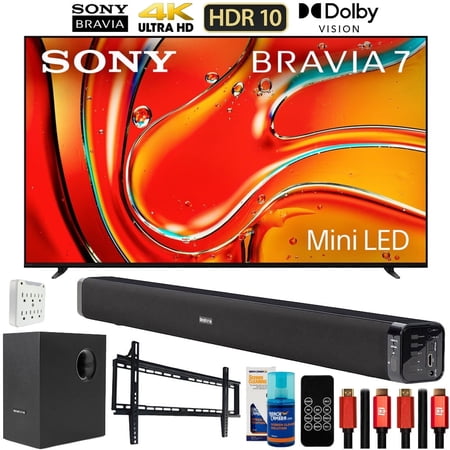 Sony BRAVIA 7 K85XR70 85 inch 4K HDR Smart QLED Mini-LED TV (2024 Model) Bundle with Deco Gear Home Theater Soundbar with Subwoofer, Wall Mount Accessory Kit, 6FT 4K HDMI 2.0 Cables and More