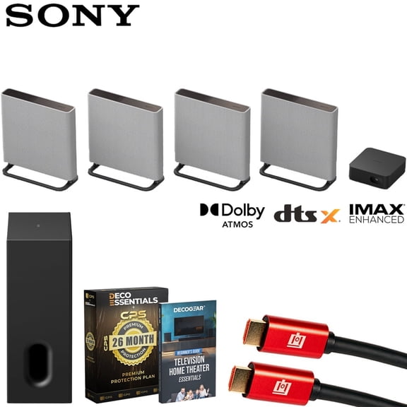 Sony BRAVIA Theater Quad with 16 Total Speakers HTA9M2 Bundle with Sub 7 Wireless Subwoofer, Deco Essential 26 Month CPS Protection Pack, 2x HDMI Cable and Deco Gear Home Theater Beginner's Guide