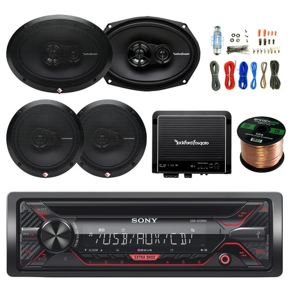Sony CDX-G1200U 55W CD Receiver,2X Rockford Fosgate R169X3 6 x 9 Inch 3-Way Speaker, 2X R165X3 6.5-Inch Full-Range 3-Way Coaxial Speaker, R500X1D 500W Amplifier, Enrock 8-Gauge Install Wiring Kit