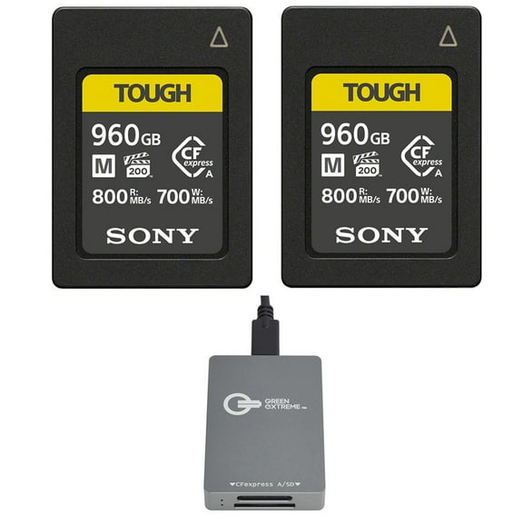Sony CEA-M Series TOUGH 960GB CFexpress Type-A Memory Card, 2-Pack, Bundle with USB-C CFexpress Type-A and SD UHS-II Card Reader