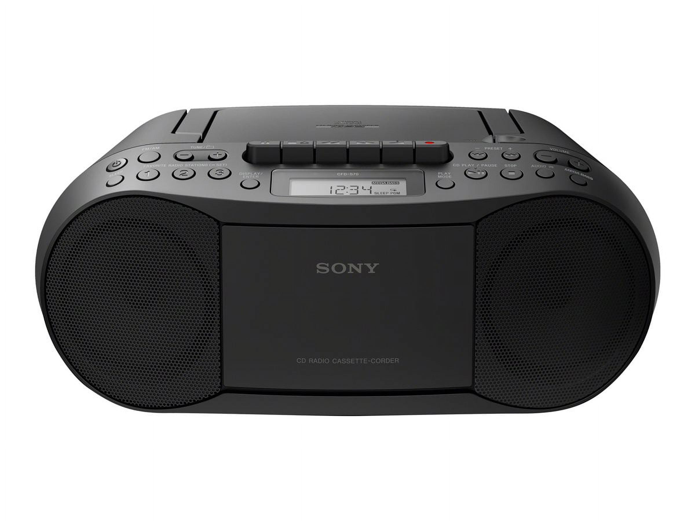 Sony CD/Cassette Boombox with Radio - 1 x Disc - 3.40 W Integrated Stereo Speaker - Black LCD - CD-DA, MP3 - 1.60 MHz AM - 108 MHz FM - 1.60 MHz MW - Auxiliary Input - image 1 of 5