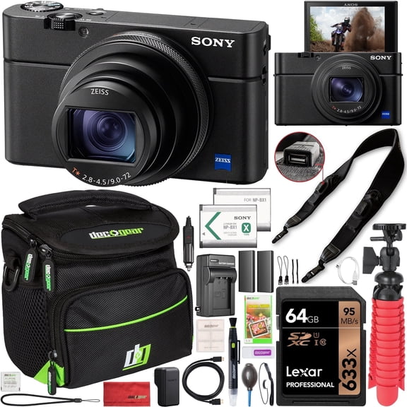 Sony Cyber-Shot RX100 VII RX100M7 4K UHD Camera DSC-RX100M7 w/ Zeiss 24-200mm Zoom Lens Power Bundle with Deco Photo Strap w/ Built In Camera Charging + 2x Battery + Case + Tripod Grip & Accessories