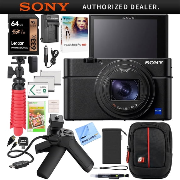 Sony Cyber-Shot RX100 VII RX100M7 Premium Compact Camera DSC-RX100M7 Vlogging Bundle with Shooting Grip Tripod VCT-SGR1, 64GB, 3x Battery + Deco Gear Travel Case, Software| Official Sony USA Dealer