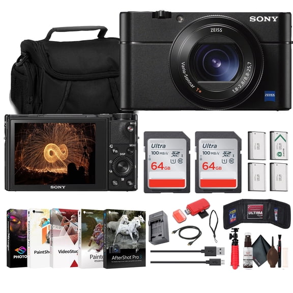 Sony Cyber-shot DSC-RX100 VA Compact Digital Camera (DSC-RX100M5A/B) + Case + 2 x 64GB Card + 3 x NP-BX1 Battery + Card Reader + Photo Software + Charger + More