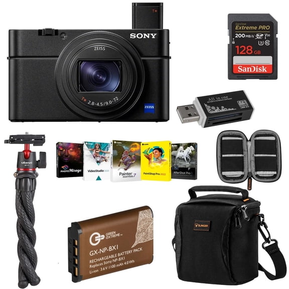 Sony Cyber-shot DSC-RX100 VII Digital Camera - Bundle With 128GB SD Card, Tripod, Camera Case, Spare Battery, Memory Wallet, Cleaning Kit, Card Reader, Pro PC Software Package