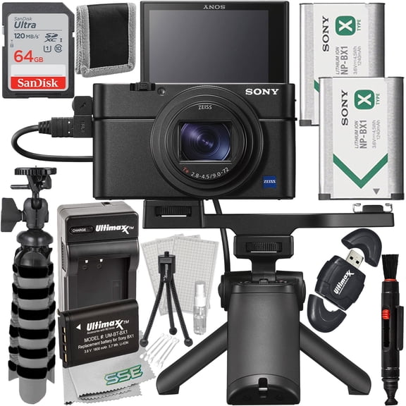 Sony Cyber-shot DSC-RX100 VII Digital Camera with Shooting Grip Kit – Bundle with 64GB SanDisk Ultra SDXC, Extra Battery & Mini Flexible Tripod (International Model)