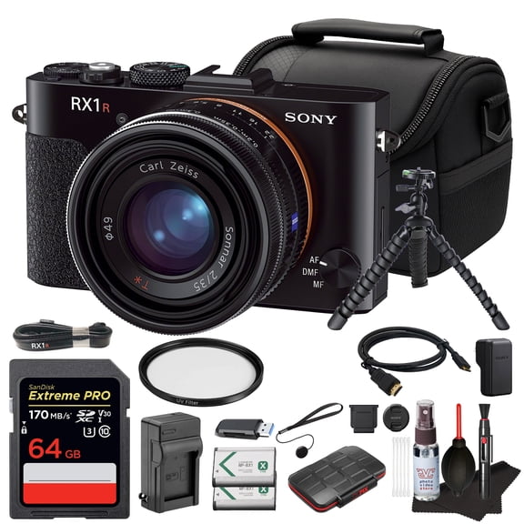 Sony Cyber-shot DSC-RX1R Digital Camera Full-Frame 24.3MP Camera with Fixed 35mm f/2 Zeiss Lens  For Travel, Street Photography & Portraits | 64GB Card | Replacement Battery | 49mm UV Filter | More