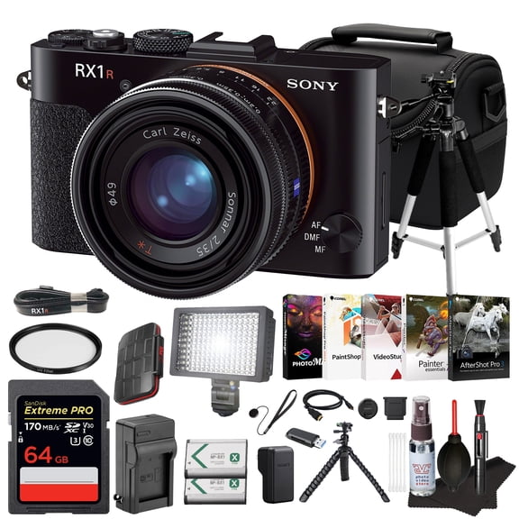Sony Cyber-shot DSC-RX1R Digital Camera Full-Frame 24.3MP Camera with Fixed 35mm f/2 Zeiss Lens For Travel, Street Photography & Portraits | 64GB Memory Card | 72" Tripod | LED Light | Bag | More