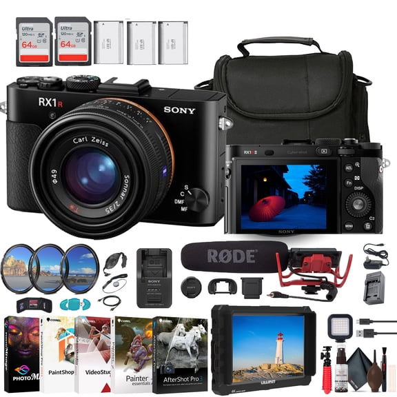 Sony Cyber-shot DSC-RX1R II Digital Camera (DSCRX1RM2/B) + 4K Monitor + VideoMic + Filter Kit + 2 x 64GB Card + 3 x NP-BX1 Battery + Card Reader + LED Light + Photo Software + More